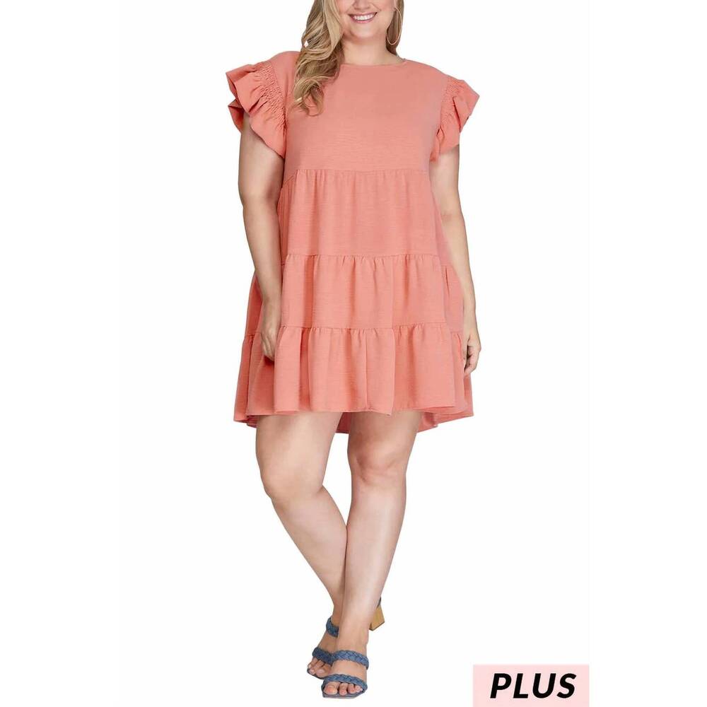 NEW VANILLA MONKEY ruffled smocked sleeve tiered woven dress - plus in peach ros